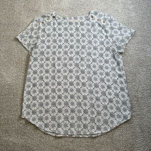 Loft White/Navy Floral Short Sleeve Blouse Size S